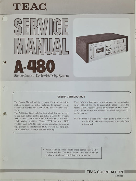 TEAC A-480  SERVICE MANUAL AND PARTS LIST