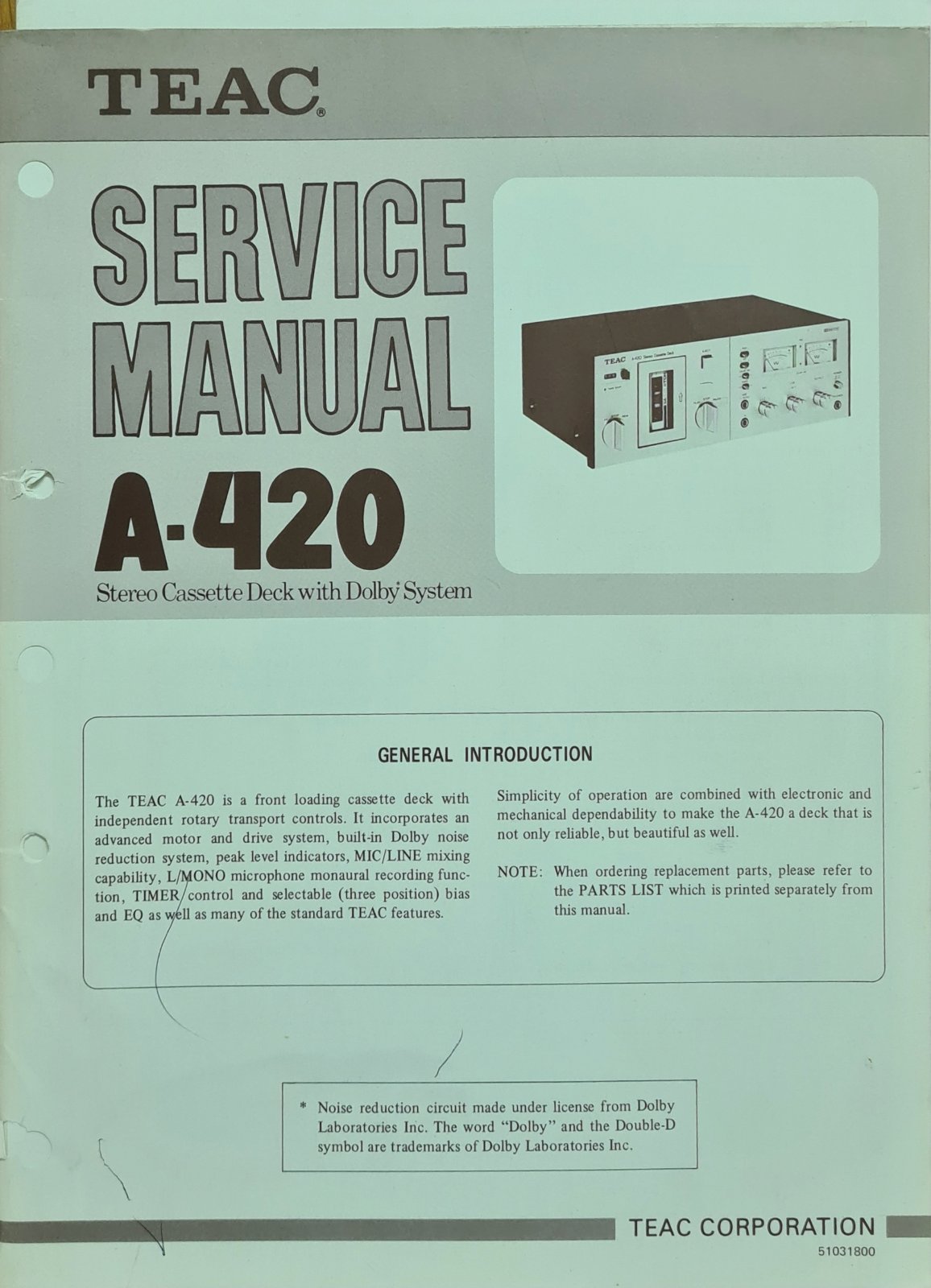 TEAC A-420 SERVICE MANUAL AND PARTS LIST