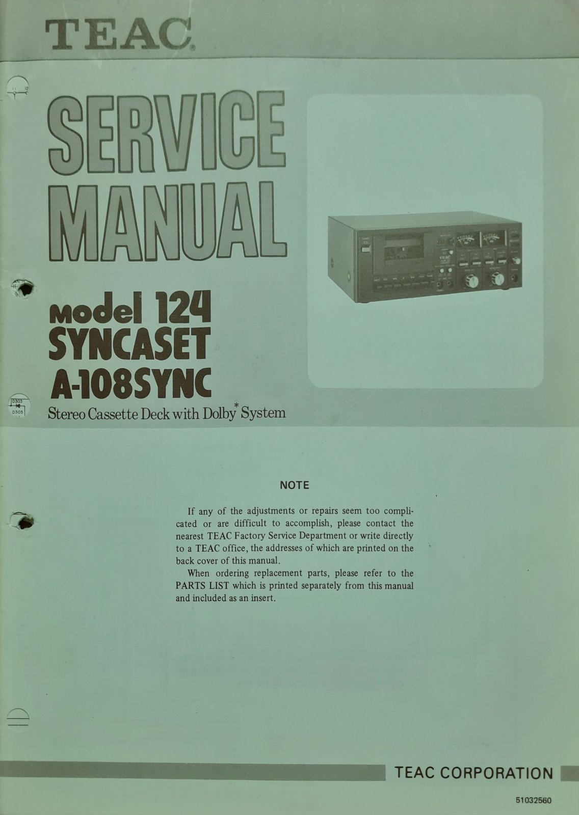 TEAC MODEL 124 A-108SYNC SERVICE MANUAL AND PARTS LIST