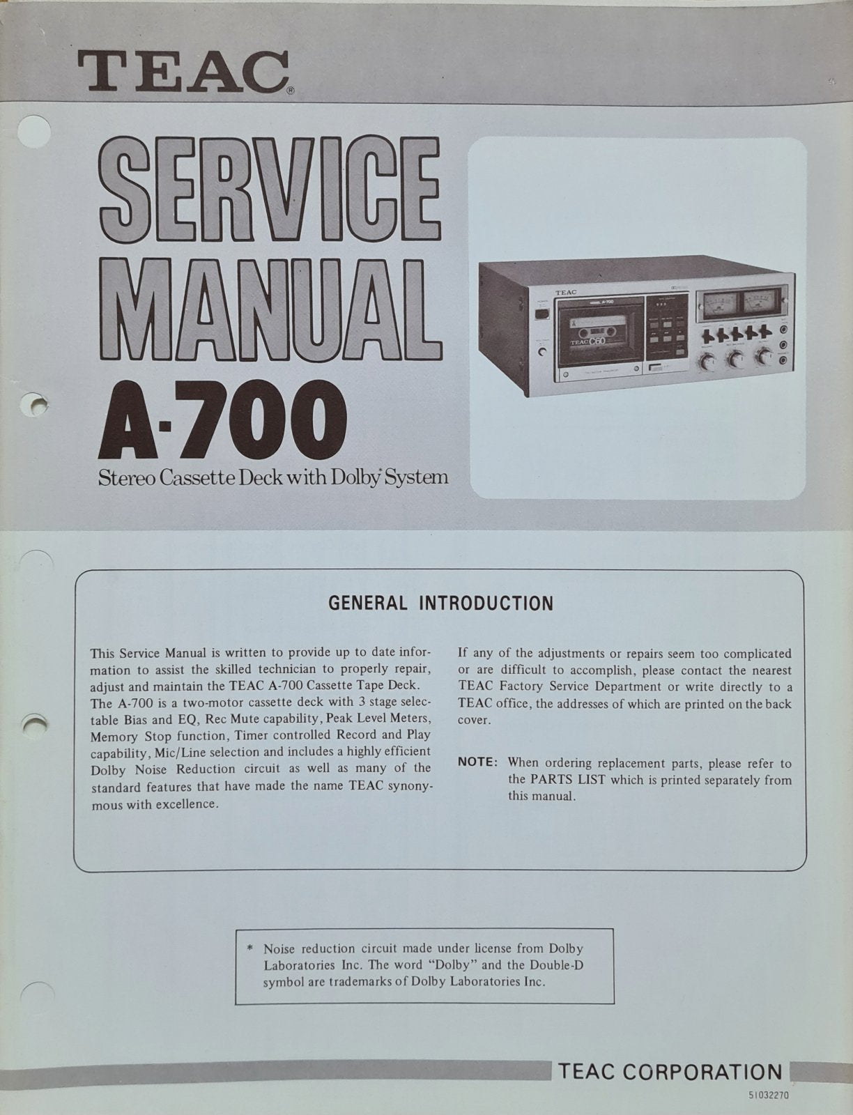 TEAC A-700 SERVICE MANUAL AND PARTS LIST