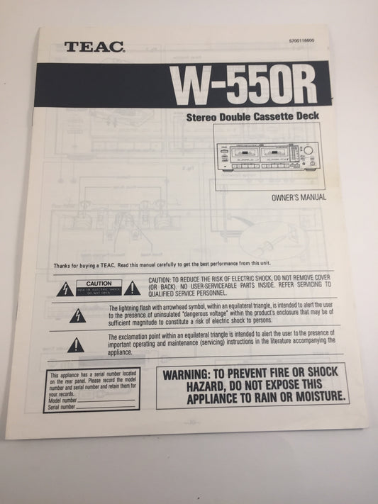 Teac W-550R Stereo Double Cassette Deck Owner's Manual