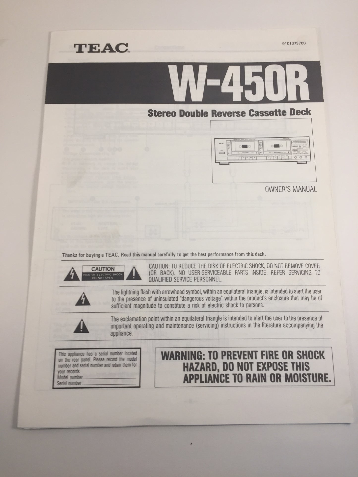 Teac W-450R Stereo Double Reverse Cassette Deck Owner's Manual